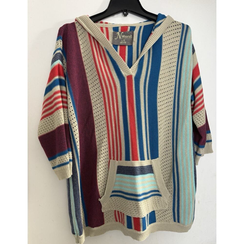 Natural Reflections Women's Striped Open Knit Baja Boho Hoodie Pocket Large